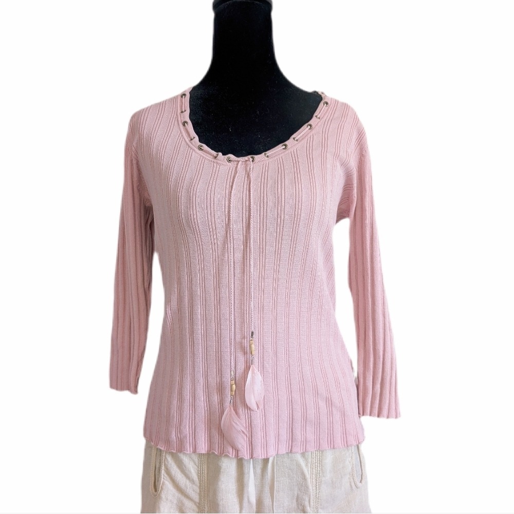 Silks Vintage Y2K Euro Summer Powder Pink Feather Drawstring Ribbed Tee Shirt